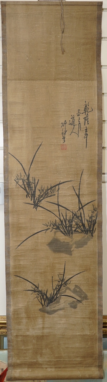 Chinese School, a set of four scroll paintings on paper of plum, orchid, bamboo and chrysanthemum, boxed. Condition - fair to good